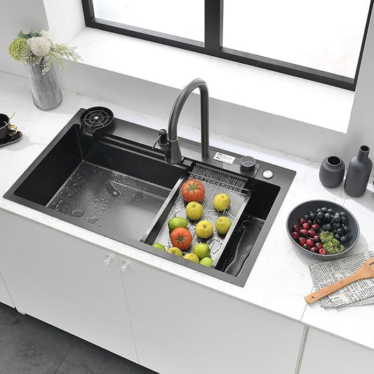 Waterfall Black Kitchen Sink, 30Inch Single Bowl Sink, Stainless Steel Multifunctional Drop In/Topmount Workstation Sink with Pull-out Faucet, Multiple Accessories (Black, 30x20in)