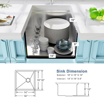Bar Sink Undermount 16 X 18 inch,16 Gauge Stainless Steel Bar Sink Offset Drain Design,Outdoor Small RV Sinks,Wet Bar Prep Sink with Workstatin (16" X 18")