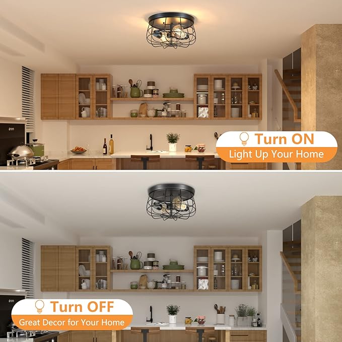 Lomoky 2-Light Farmhouse Ceiling Light Fixtures, Industrial Hallway Light, Vintage Black Metal Cage Ceiling Lamp for Living Room, Kitchen, Bedroom