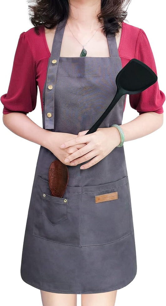 Apron for Men Women with Adjustable Straps and Large Pockets, Canvas Cotton Cooking Kitchen Chef Bib Aprons Waterproof Grey