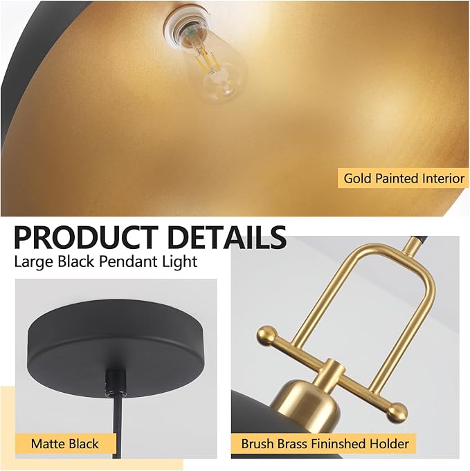 19.7" Large Dome Pendant Light - Black and Gold Pendant Light for Kitchen Island, Modern Industrial Lighting Fixtures for Dining Room, Foyer, Entryway, Hallway