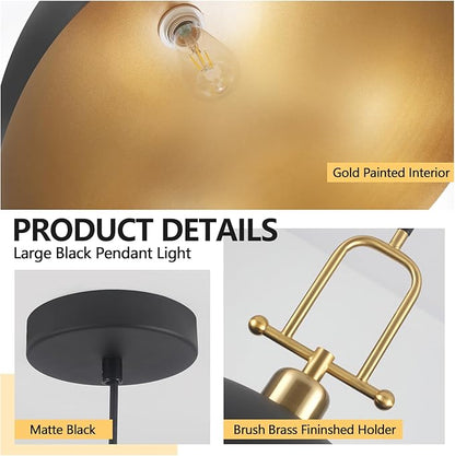 19.7" Large Dome Pendant Light - Black and Gold Pendant Light for Kitchen Island, Modern Industrial Lighting Fixtures for Dining Room, Foyer, Entryway, Hallway