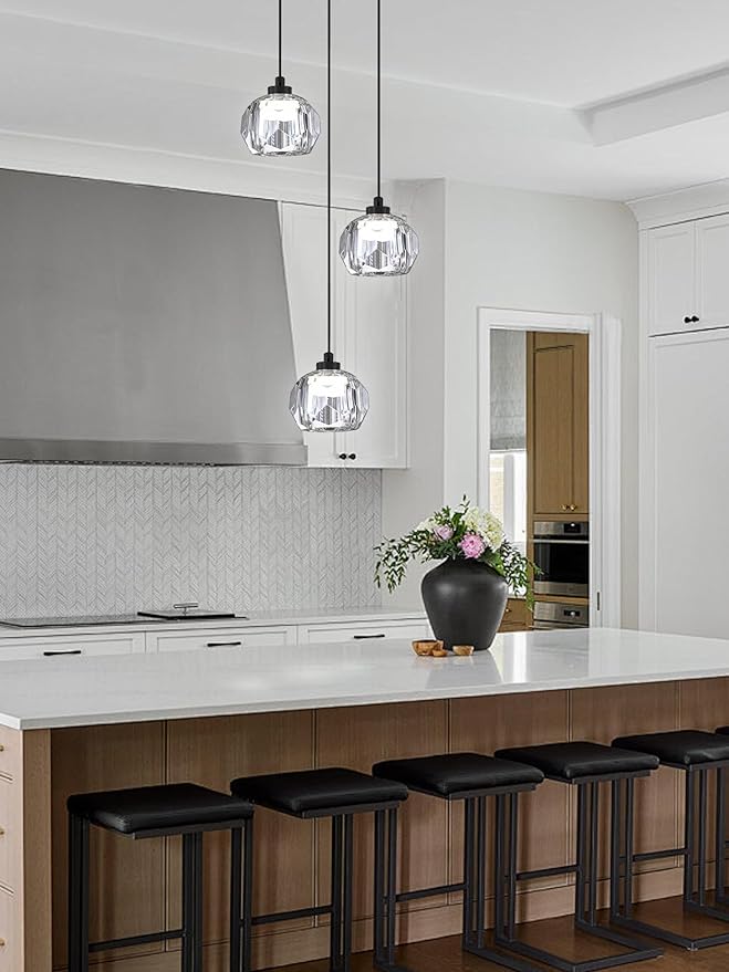 3-Light Crystal Pendant Light Black LED Crystals Ball Chandeleir Enhance Kitchen Island, Bathroom, Bedroom, and Bar