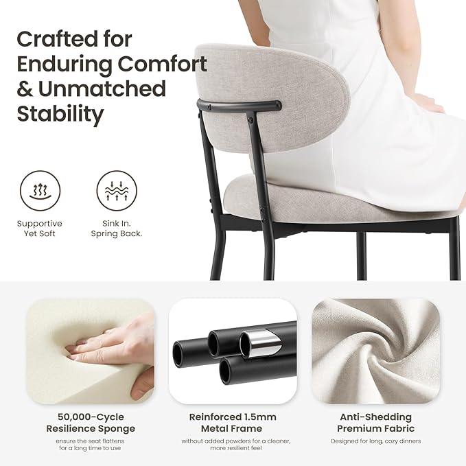 Upholstered Dining Chairs Set of 6, Modern Fabric Kitchen Chairs with Curved Backrest and Cushioned Seat, Sturdy Metal Legs, Comfortable Accent Chairs for Kitchen Dining Room, Living Room,Beige