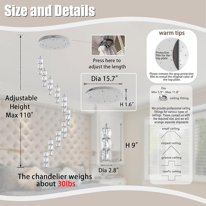 ykolupty Long Staircase Crystal Pendant Chandeliers 10-Lights Silver Column Crystal Chandeliers Foyer Entrance High Ceiling Hanging Chandelier 2700-6000k Dimmable Fixtures LED Big Chandeliers