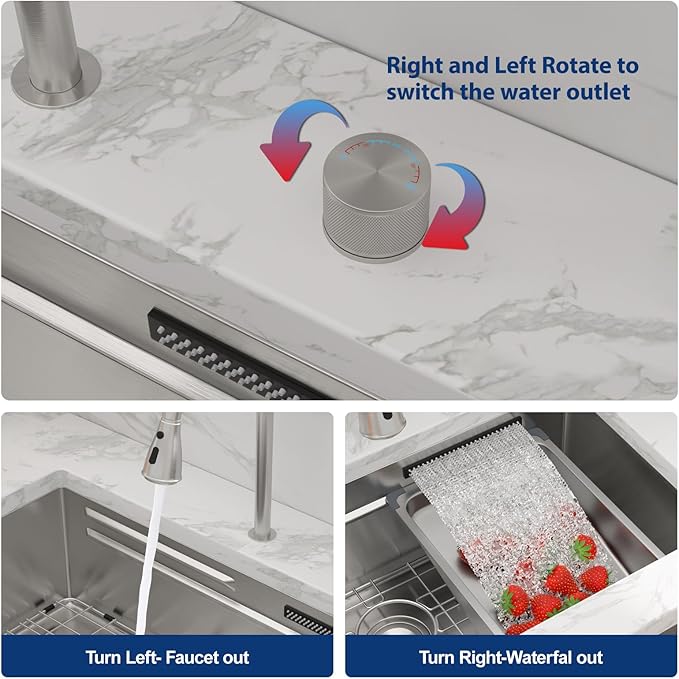 Sarlai 33 Inch Waterfall Kitchen Sink - Undermount Kitchen Sink With Waterfall Ledge Workstation Stainless Steel 16 Gauge Multifunction Single Bowl Under Mount Sinks Basin with Faucet
