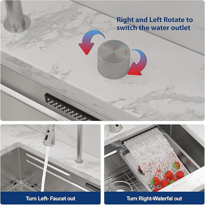 Sarlai 33 Inch Waterfall Kitchen Sink - Undermount Kitchen Sink With Waterfall Ledge Workstation Stainless Steel 16 Gauge Multifunction Single Bowl Under Mount Sinks Basin with Faucet