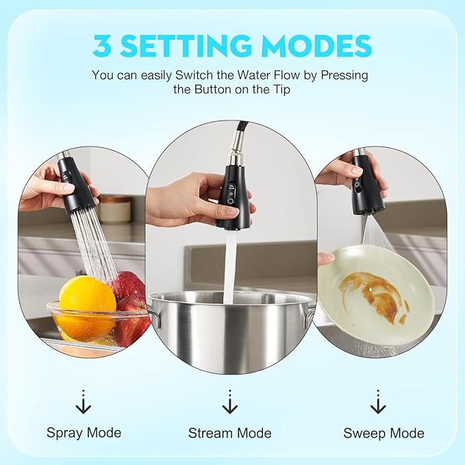 CREA Black Kitchen Faucet, Pull Down Black Kitchen Faucets with Sprayer 3 Modes, Uitility Laundry Faucets Single Hole Bar Sink Faucet 360° Swivel High Arc RV Stainless Steel Faucet, Matte Black