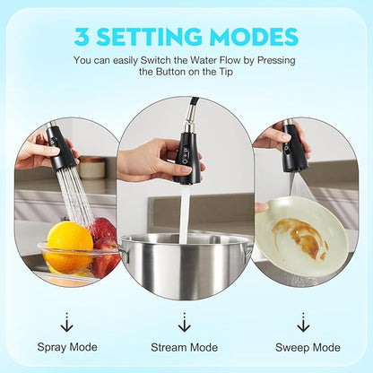 CREA Black Kitchen Faucet, Pull Down Black Kitchen Faucets with Sprayer 3 Modes, Uitility Laundry Faucets Single Hole Bar Sink Faucet 360° Swivel High Arc RV Stainless Steel Faucet, Matte Black