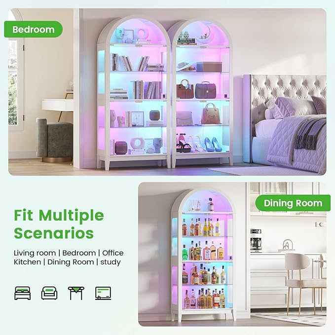 HNEBC Arched Book Shelf with Glass Doors, LED Bookcase with RGB Lights, 5 Tier Cabinet Has 9-Cube Storage, 69" Display Cabinet for Living Room,Bedroom(White)