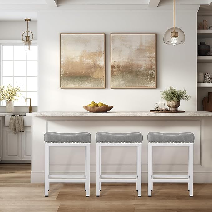 Sweetcrispy 24 inch Bar Stools Set of 4, Upholstered Modern Counter Height Bar Stools for Kitchen Island Modern PU Leather Sadless Stools Chair with Metal Base and Footrest,Grey