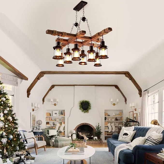 Wooden Chandelier 8 Lights Industrial Chandelier Retro Wood Lamp Pendant Lights Farmhouse Ceiling Lighting Lamp Fixture Dining Room Light Fixture Glass Lampshade for Homes, Bars, Restaurants, Cafes
