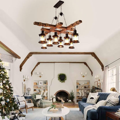 Wooden Chandelier 8 Lights Industrial Chandelier Retro Wood Lamp Pendant Lights Farmhouse Ceiling Lighting Lamp Fixture Dining Room Light Fixture Glass Lampshade for Homes, Bars, Restaurants, Cafes
