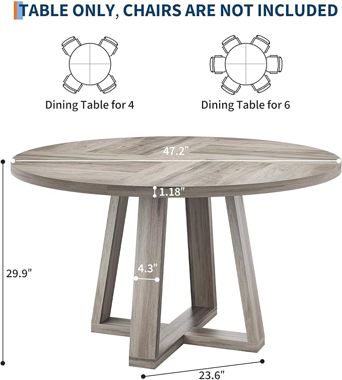 GarveeHome Dining Table, Kitchen Table, Round Dining Room Table for Kitchen, 47 Inch Round Table for Dining Room, Grey(Table Only)