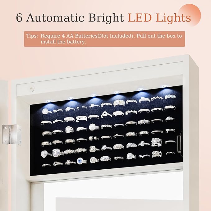 Unisakey Mirror Jewelry Cabinet,Lockable Wall or Door Mounted Jewelry Armoire Organizer With Built-up Mirror,LED Lights, Drawers,Cosmetic Trays,Shelves, 14.4"x3.15"x 43.1"（White）