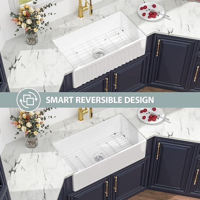 Kichae 33 White Farmhouse Kitchen Sink - 33X18 Inch Farm Kitchen Sink Farmhouse Sink Reversible Apron Front Ceramic Porcelain Farm Sinks Single Bowl