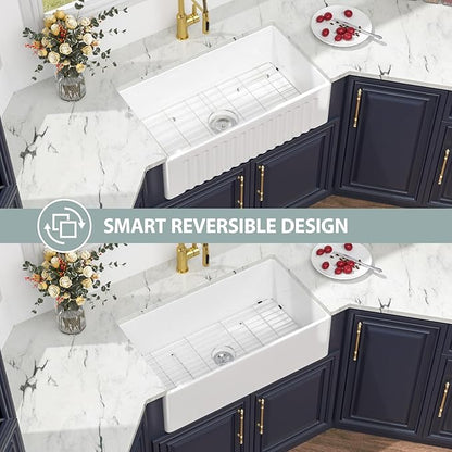 Kichae 33 White Farmhouse Kitchen Sink - 33X18 Inch Farm Kitchen Sink Farmhouse Sink Reversible Apron Front Ceramic Porcelain Farm Sinks Single Bowl