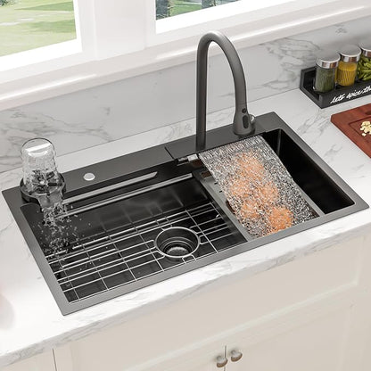Sarlai Waterfall Kitchen Sink - 33 Inch Drop In Workstation Sink With Waterfall Black Stainless Steel 16 Gauge Multifunction Single Bowl Smart Top Mount Kitchen Sinks with Mechanical Keys 33x19x9 Inch