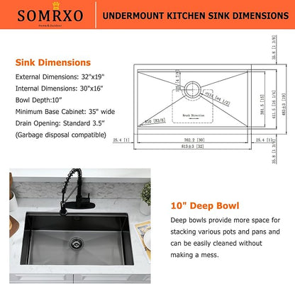 32 Inch Undermount Kitchen Sink Black - 16 Gauge Black Satainless Steel Kitchen Sink Undermount 32x19,10 Inch Deep Single Bowl Workstation Sinks with Accessories