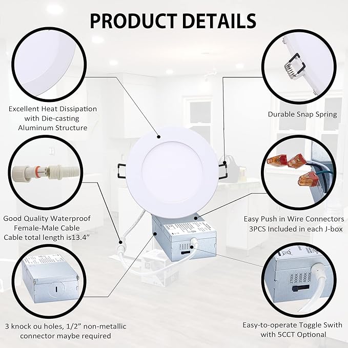 POPANU Premium LED-Canless Recessed Lighting 4-inch 5 CCT Adjustable Dimmable Downlight Fixture with Junction Box, Ceilling Light with Junction Box, 2700-5000K, 9W, White Finish, 6 Pack