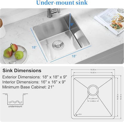 PEPO 18×18 Inch Undermount Kitchen Sink 16 Gauge Stainless Steel Bar Prep Sink Single Bowl with Drain Accessories for Small Kitchen, Wet Bar RV
