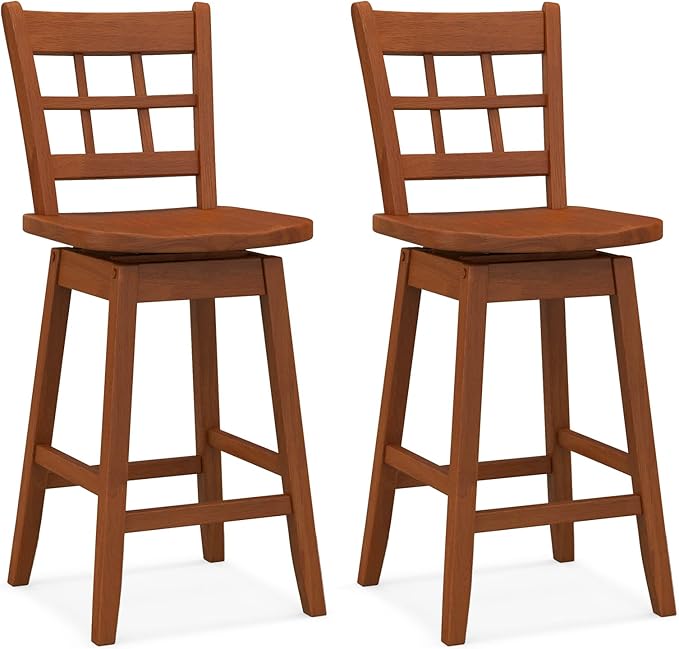 Giantex 24.5" Bar Stools Set of 2, Farmhouse Swivel Barstools with 6-Grid Hollow Back & Ergonomic Contoured Seat, Footrest, Wooden Counter Height Bar Stools for Kitchen Island, Bar, Cafe, Walnut