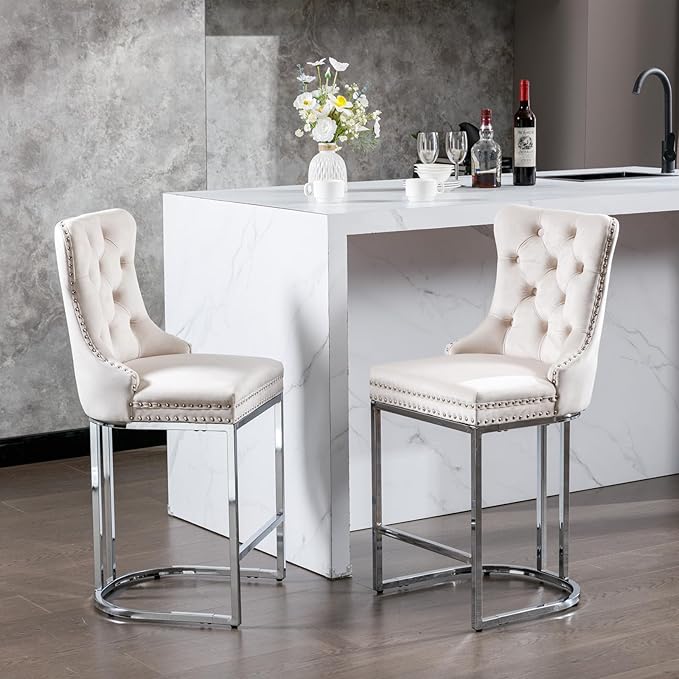 26" Counter Height Bar Stools Set of 2, Beige Velvet Upholstered Kitchen Island Chairs with Button Back, Rivet Trim, Sturdy Chromed Metal Base, Ergonomic High Back for Dining Room