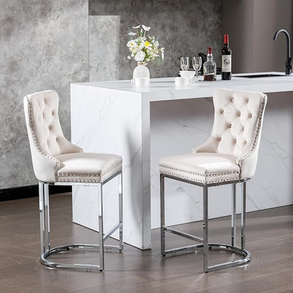 26" Counter Height Bar Stools Set of 2, Beige Velvet Upholstered Kitchen Island Chairs with Button Back, Rivet Trim, Sturdy Chromed Metal Base, Ergonomic High Back for Dining Room