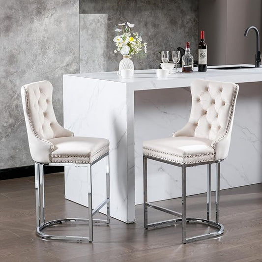 26" Counter Height Bar Stools Set of 2, Beige Velvet Upholstered Kitchen Island Chairs with Button Back, Rivet Trim, Sturdy Chromed Metal Base, Ergonomic High Back for Dining Room