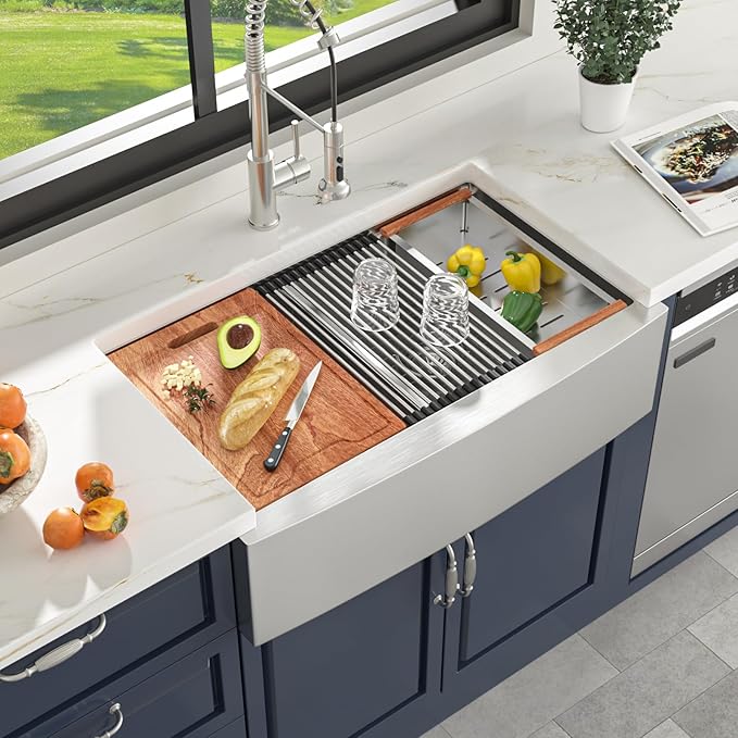 Lordear 33 Farmhouse Sink Double Bowl 33 Inch Farm Kitchen Sink Workstation Apron Front Stainless Steel 16 Gauge Low Divide 50/50 Double Kitchen Farm Sinks 33X22X10 Inch (Apron Height is 9 inch)