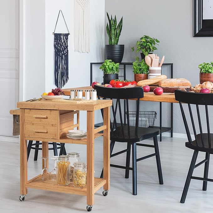 HAPPYGRILL Kitchen Island with Storage, Rolling Kitchen Cart with Shelves and Drawers, Multi-Purpose Bamboo Utility Cart Serving Cart on Lockable Wheels with Towel Rack