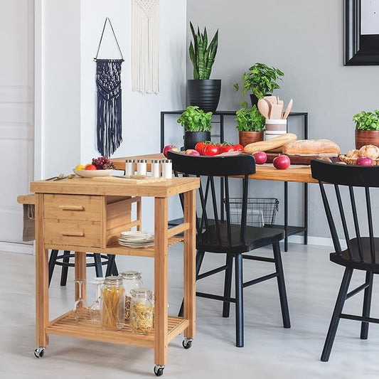 HAPPYGRILL Kitchen Island with Storage, Rolling Kitchen Cart with Shelves and Drawers, Multi-Purpose Bamboo Utility Cart Serving Cart on Lockable Wheels with Towel Rack
