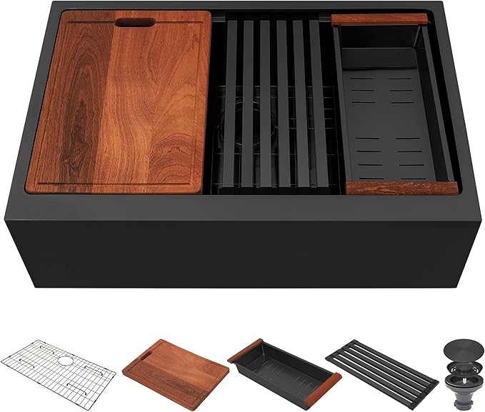 30-Inch Farmhouse Kitchen Sink, 16 Gauge Stainless Steel Farm Sink, Undermount Single Bowl, Brushed Finish, Deep Basin, Workstation Design with Accessories (Black, 30" x 22" x 10")