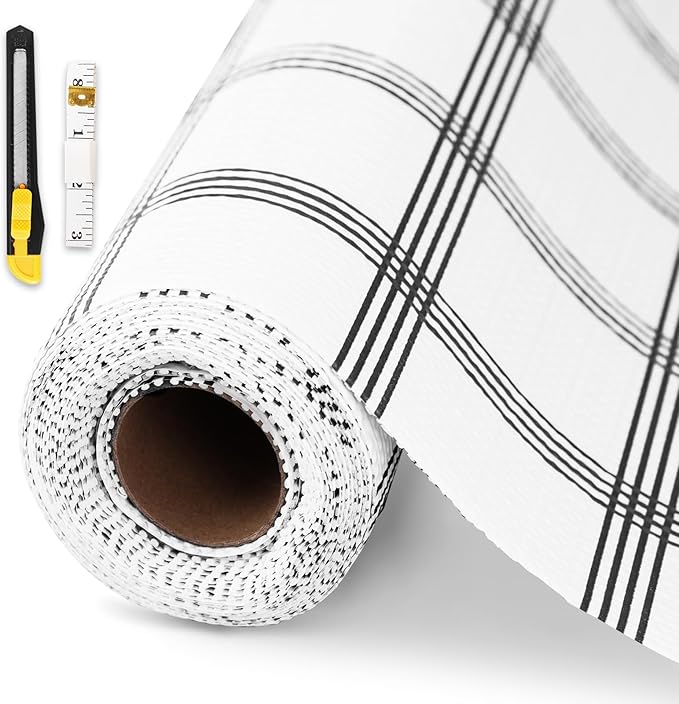Drawer and Shelf Liner for Kitchen Cabinet,Non-Adhesive Cabinet Liner 12in x 20FT,Waterproof Shelf Paper Non-Slip Mats Cupboard Liners Contact Protect Dresser/Shelves/Table-White Stripes