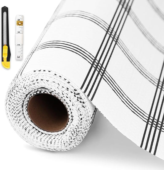 Drawer and Shelf Liner for Kitchen Cabinet,Non-Adhesive Cabinet Liner 24in x 30FT,Waterproof Shelf Paper Non-Slip Mats Cupboard Liner Contact Protect Dresser/Shelves/Table-White Stripes