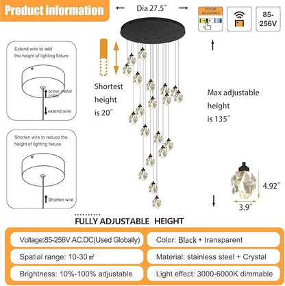 Large High Ceiling Chandeliers Modern Long Spiral Staircase Crystal Chandeliers,K9 Crystal Drop Chandelier for Foyer Entryway 20 Lights Black D28XH135inch