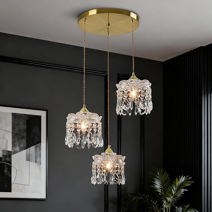 3-Light Brass Vintage Glass Pendant, Crystal Pendant Light, Adjustable Height Lighting for Kitchen Island, Dining Room, Farmhouse, Living Room (Round Chassis)