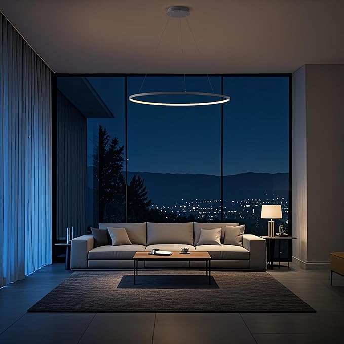 JONATHAN Y 35" Gray Modern Integrated LED Pendant Light, Dimmable Round Hoop Chandelier for Kitchen Island, Dining Room, Adjustable Height Metal Hanging Light (JYL7220E)