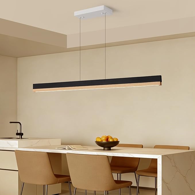 71" Wood Linear Pendant Light, Wood Linear Chandelier with Remote, 24W LED Dimmable Pendant Lights Kitchen Island, Modern Hanging Chandelier for Dining Room, Bar, Pool Table-Natural