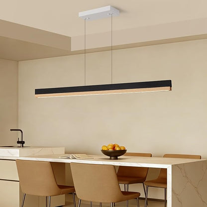 71" Wood Linear Pendant Light, Wood Linear Chandelier with Remote, 24W LED Dimmable Pendant Lights Kitchen Island, Modern Hanging Chandelier for Dining Room, Bar, Pool Table-Natural