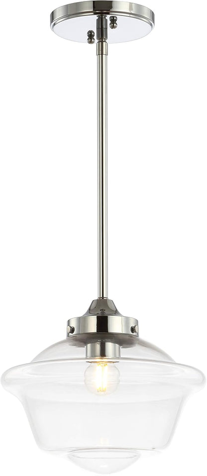 JONATHAN Y 9.5" Chrome Modern Schoolhouse LED Pendant Light Fixture, Adjustable Drop Metal Hanging Lamp with White Glass Shade for Kitchen Island, Dining Room, Foyer (JYL3517B)