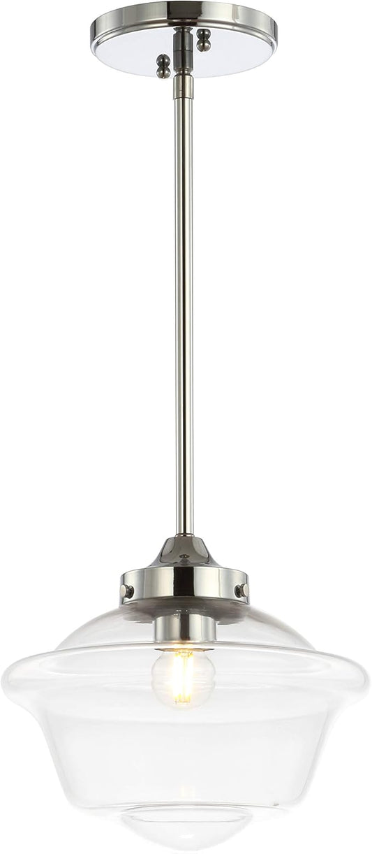 JONATHAN Y 9.5" Chrome Modern Schoolhouse LED Pendant Light Fixture, Adjustable Drop Metal Hanging Lamp with White Glass Shade for Kitchen Island, Dining Room, Foyer (JYL3517B)