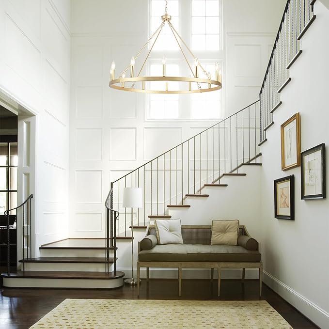 Gold Wagon Wheel Chandelier for Dining Room Light Fixture 12Light Gold Chandelier for Foyer 38inch 27-86" Height Adjustable Pendant Light for Flat Sloped Ceilings Dining Room Kitchen Island Entryway