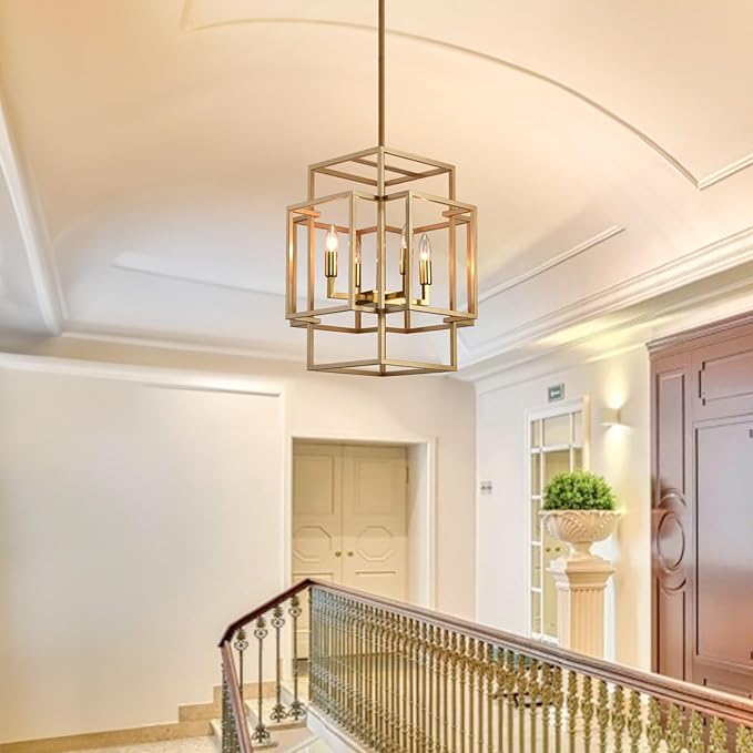 4-Light Gold Chandelier, Farmhouse Lantern Pendant Light Industrial Ceiling Foyer Lighting Fixtures, Modern Chandeliers for Dining Room, for Kitchen Island Staircase Hallway Entryway