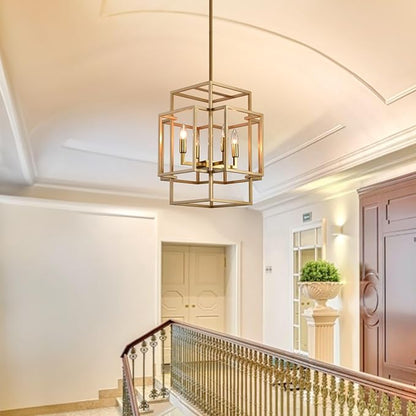 4-Light Gold Chandelier, Farmhouse Lantern Pendant Light Industrial Ceiling Foyer Lighting Fixtures, Modern Chandeliers for Dining Room, for Kitchen Island Staircase Hallway Entryway