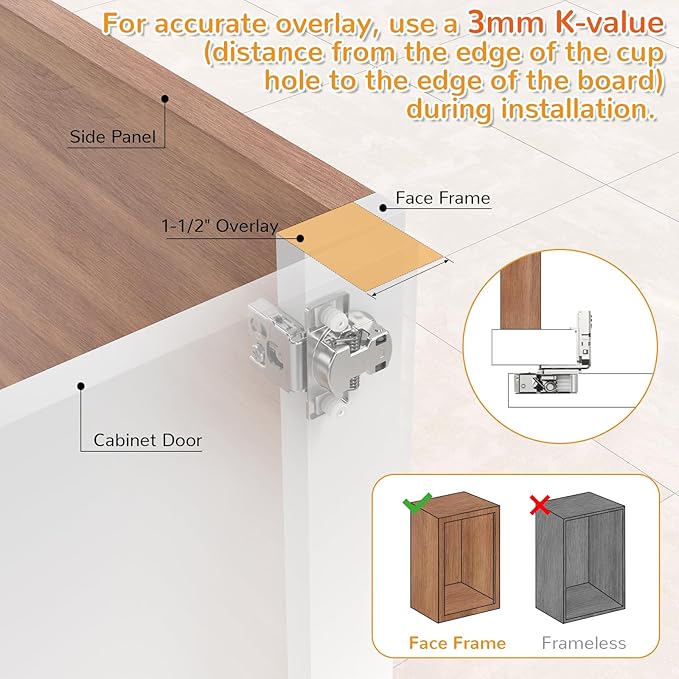 Chibery 50 Pack 1-1/2” Overlay 4D Soft Close Cabinet Hinges, Concealed Face Frame, Adjustable Closing Speed, 105° Opening Smooth Slow, Hidden Self Closing for Kitchen Corner, Cupboard (with Template)