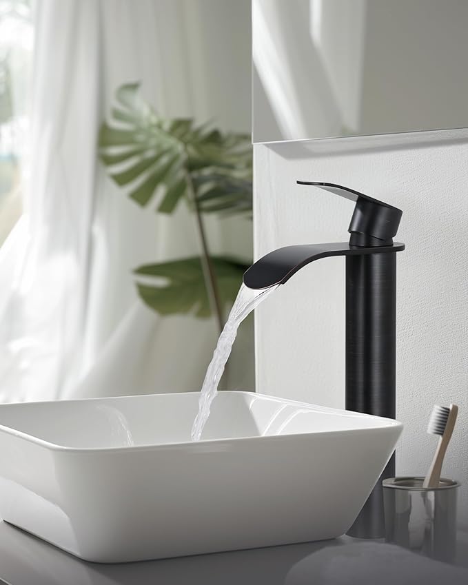 Vessel Sink Faucet Oil Rubbed Bronze：WOWOW Single Handle Tall Bathroom Faucet - Waterfall Single Hole Mixer Bar Tap with Large Rectangular Spout, Deck Mount Lavatory Vanity with Pop Up Drain