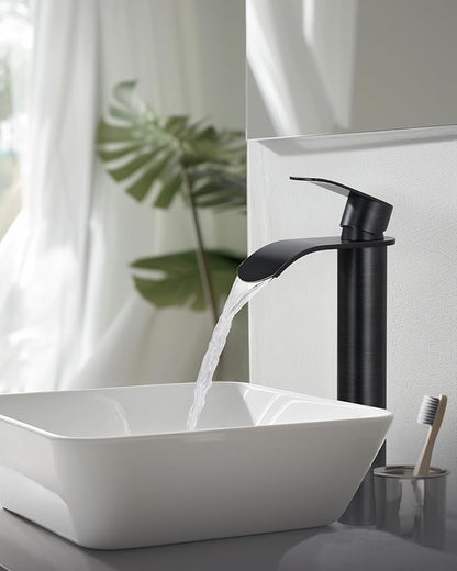 Vessel Sink Faucet Oil Rubbed Bronze：WOWOW Single Handle Tall Bathroom Faucet - Waterfall Single Hole Mixer Bar Tap with Large Rectangular Spout, Deck Mount Lavatory Vanity with Pop Up Drain