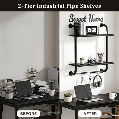 Tinpin Bathroom Shelves Wall Mounted, Rustic Farmhouse Pipe Shelves, Wall Shelves 2-Tier, Industrial Pipe Shelving, Floating Shelf Decor for Bathroom, Bedroom, Living Room Thanksgiving 17.3in Black