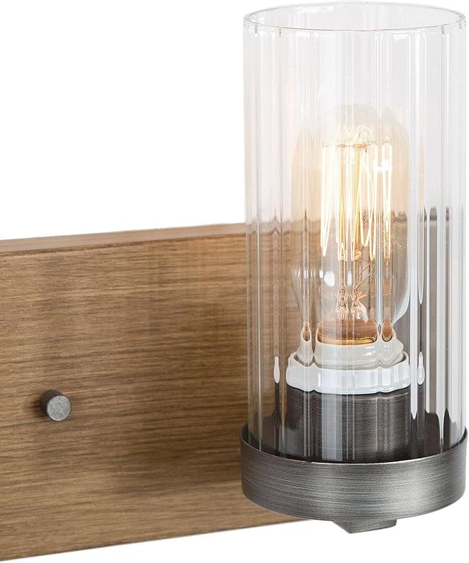 LOG BARN Rustic Bathroom Light Fixtures, 2 Light Farmhouse Vanity Lights for Bathroom with Clear Textured Glass Lampshade, 14 Inch Faux Wood Bathroom Lighting Lights Over Mirror